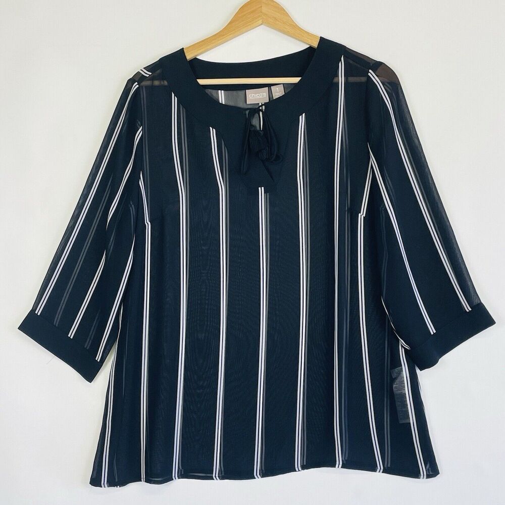Chico's Top Womens 1 Medium 8 Black White Stripe Nautical Preppy Sheer Old Money - Picture 1 of 14